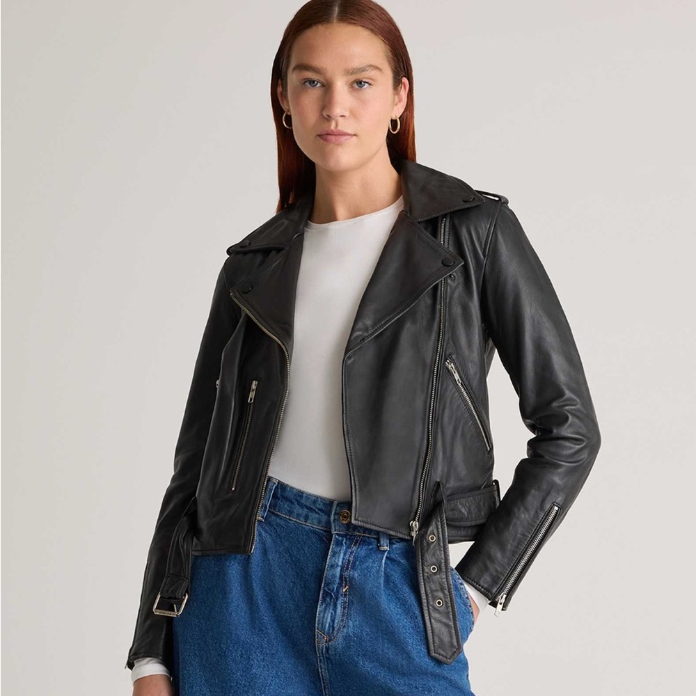 Quince Leather Motorcycle Biker Jacket Black